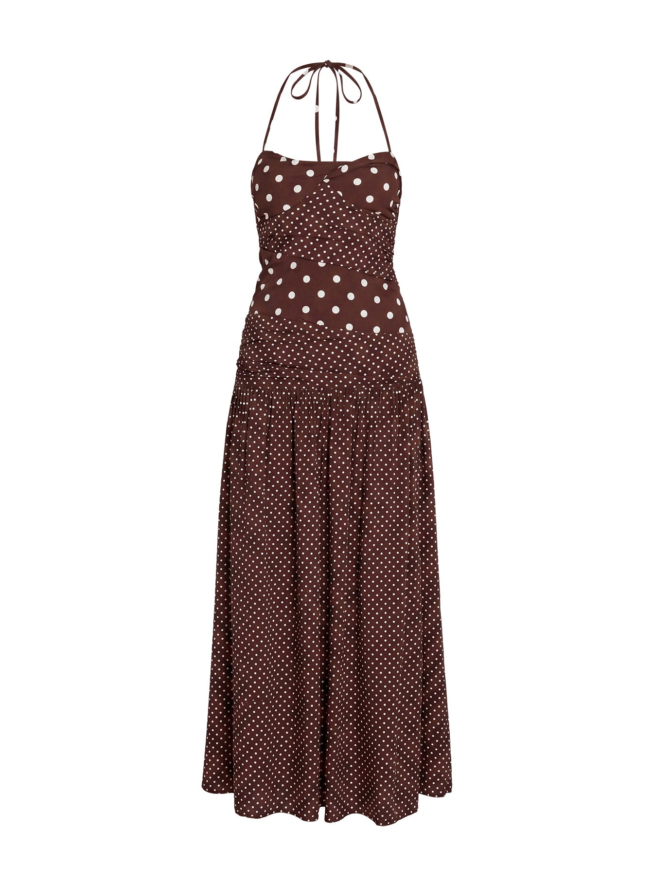 Puantiye Desenli Kahverengi Halter Maxi Elbise