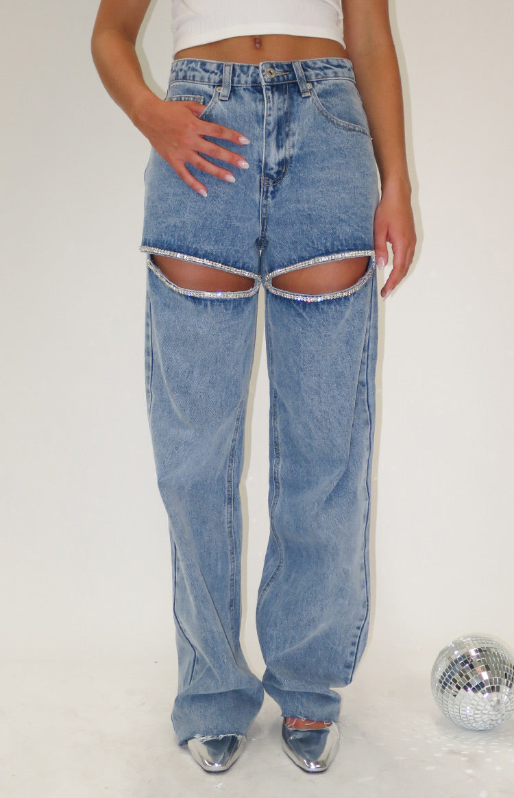 Gem Diamante Detaylı Geniş Paça Kot Pantolon