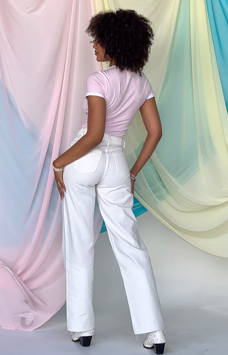 Gem Diamante Dantel Geniş Paça Beyaz Denim Pantolon