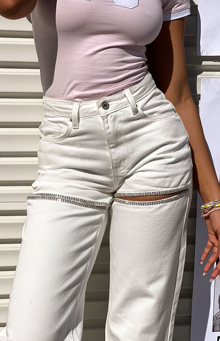 Gem Diamante Dantel Geniş Paça Beyaz Denim Pantolon