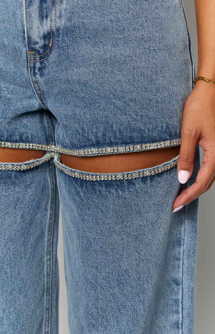 Gem Diamante Detaylı Geniş Paça Kot Pantolon