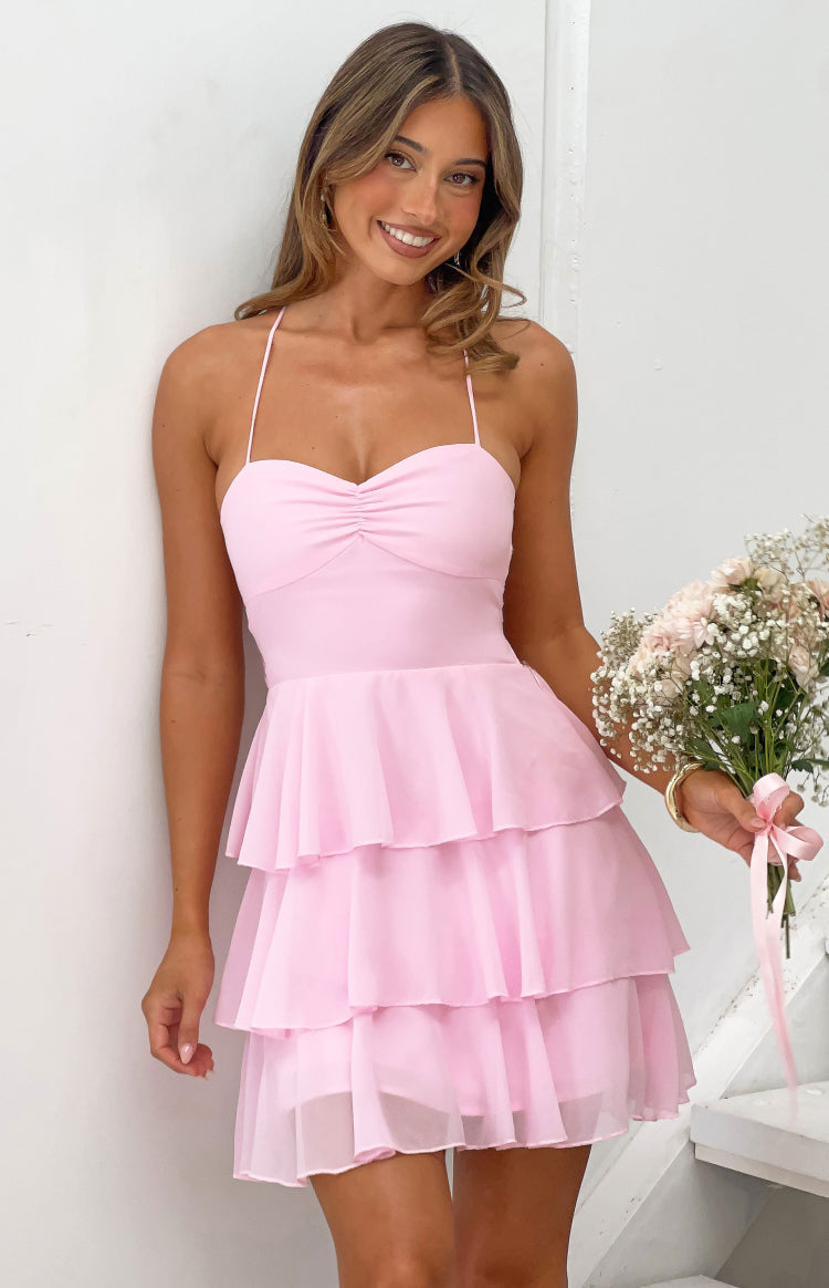 Georgie Pembe Volanlı Mini Elbise