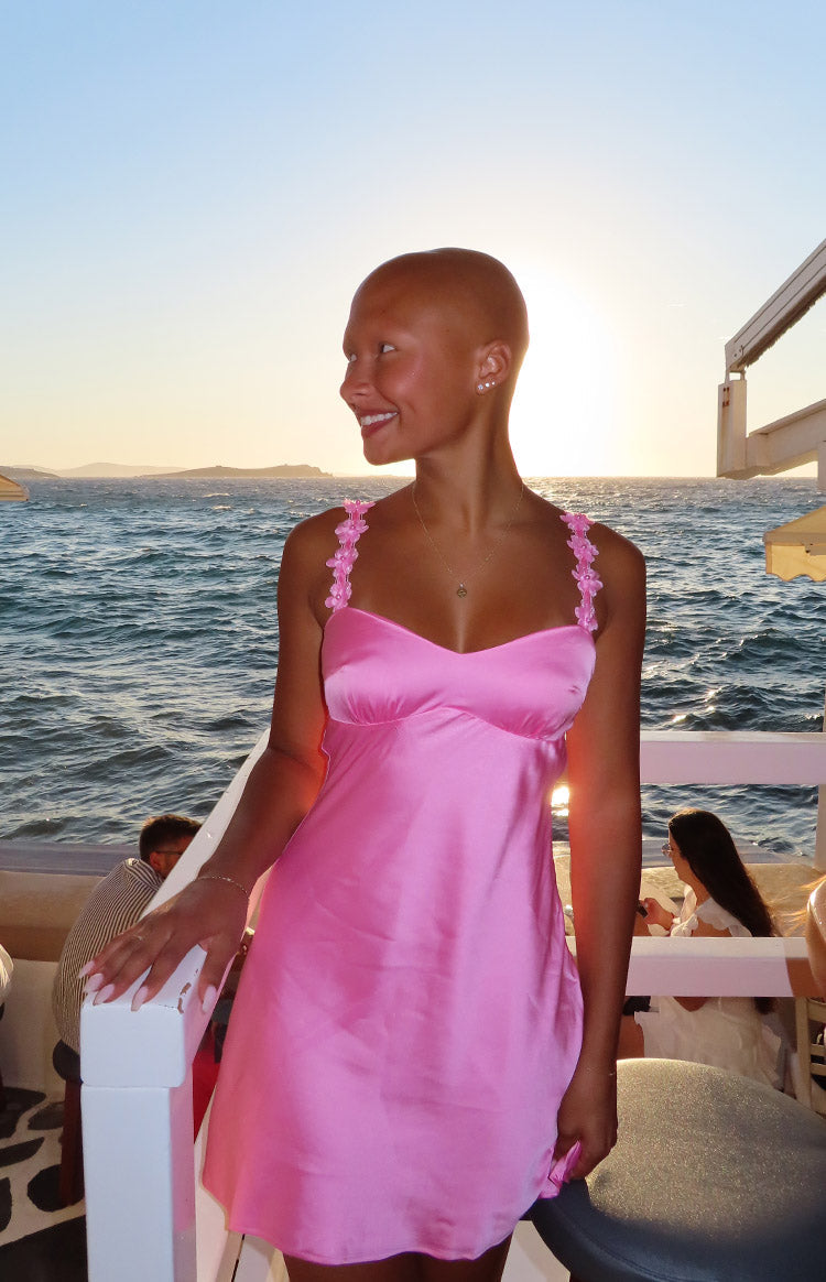 Marbelle Sıcak Pembe Saten Mini Elbise