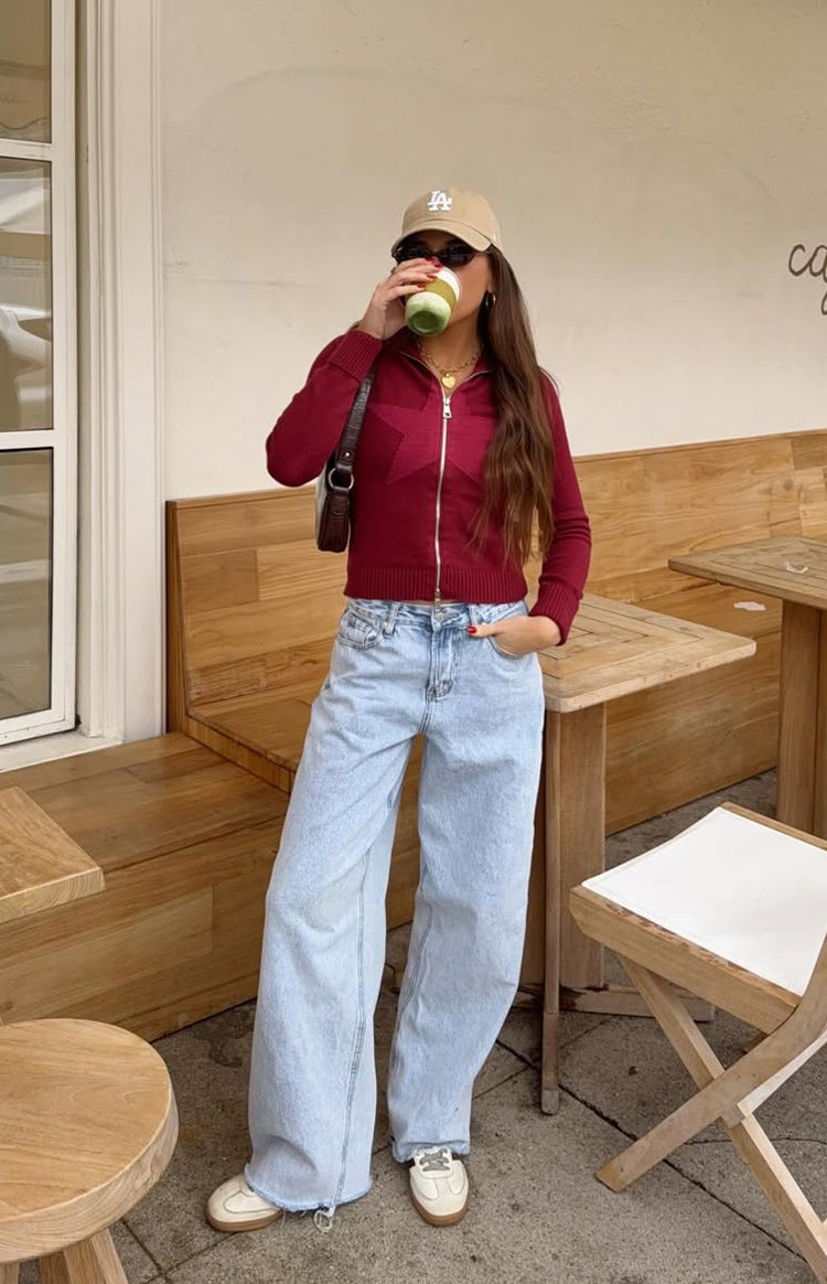 Bordo Yıldız Desenli Fermuarlı Triko Kazak - Şık ve Rahat