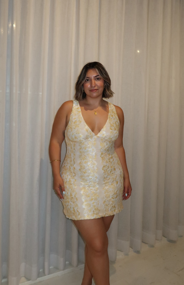 Harrie Sarı Dantel Mini Elbise
