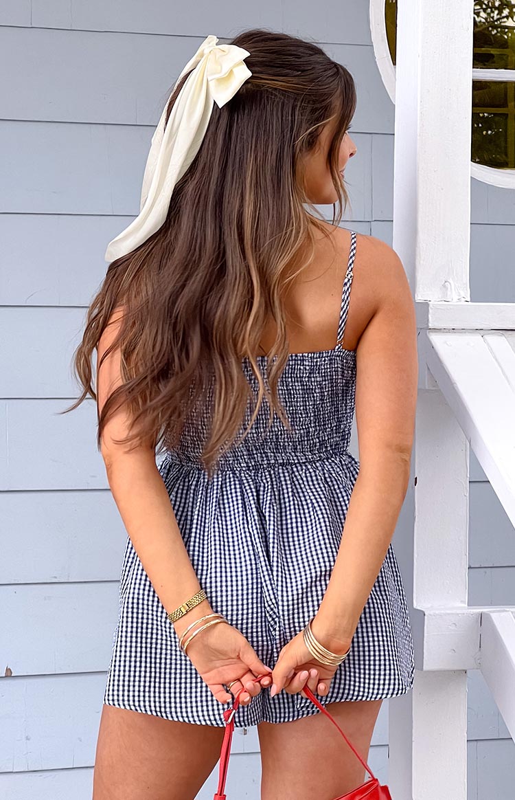 Lacivert Gingham Desenli Kadın Tulum