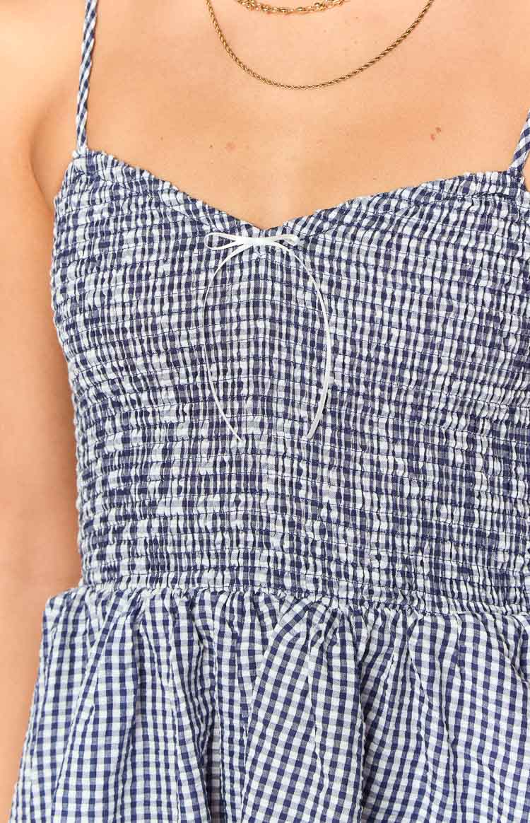 Lacivert Gingham Desenli Kadın Tulum