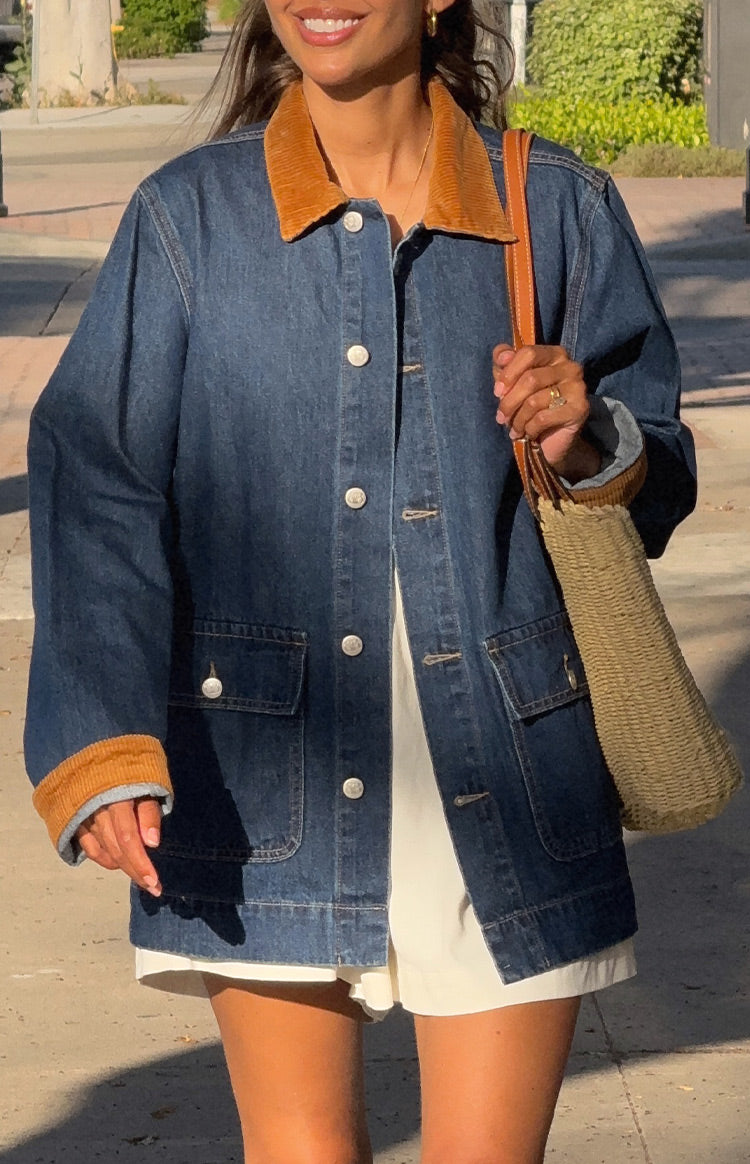 Hendrick Orta Yıkama Denim Kord Trim Oversize Ceket