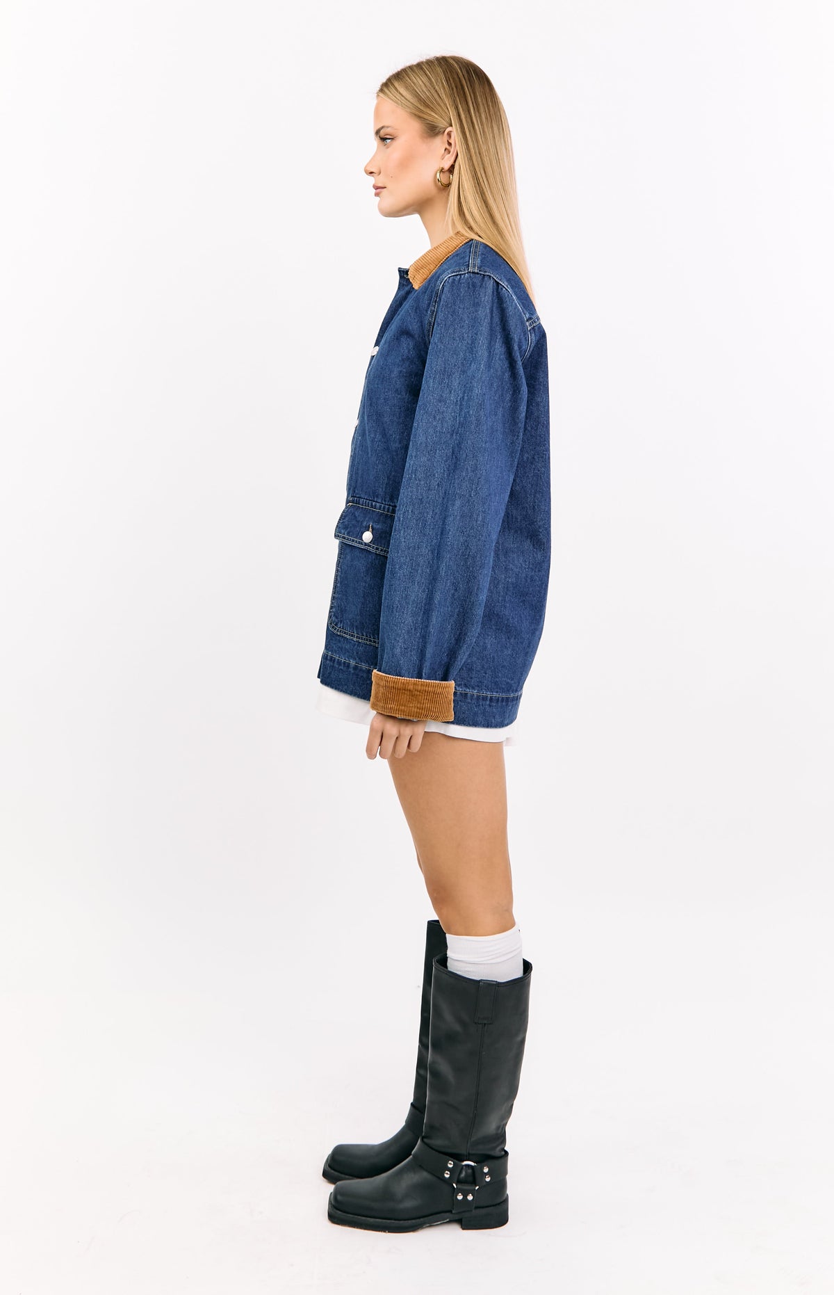 Hendrick Orta Yıkama Denim Kord Trim Oversize Ceket