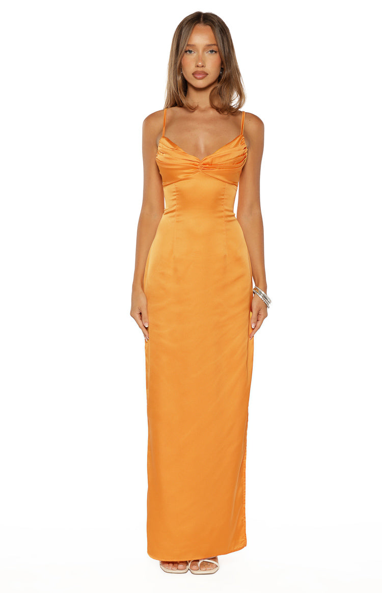 Honey Turuncu Saten Maxi Elbise