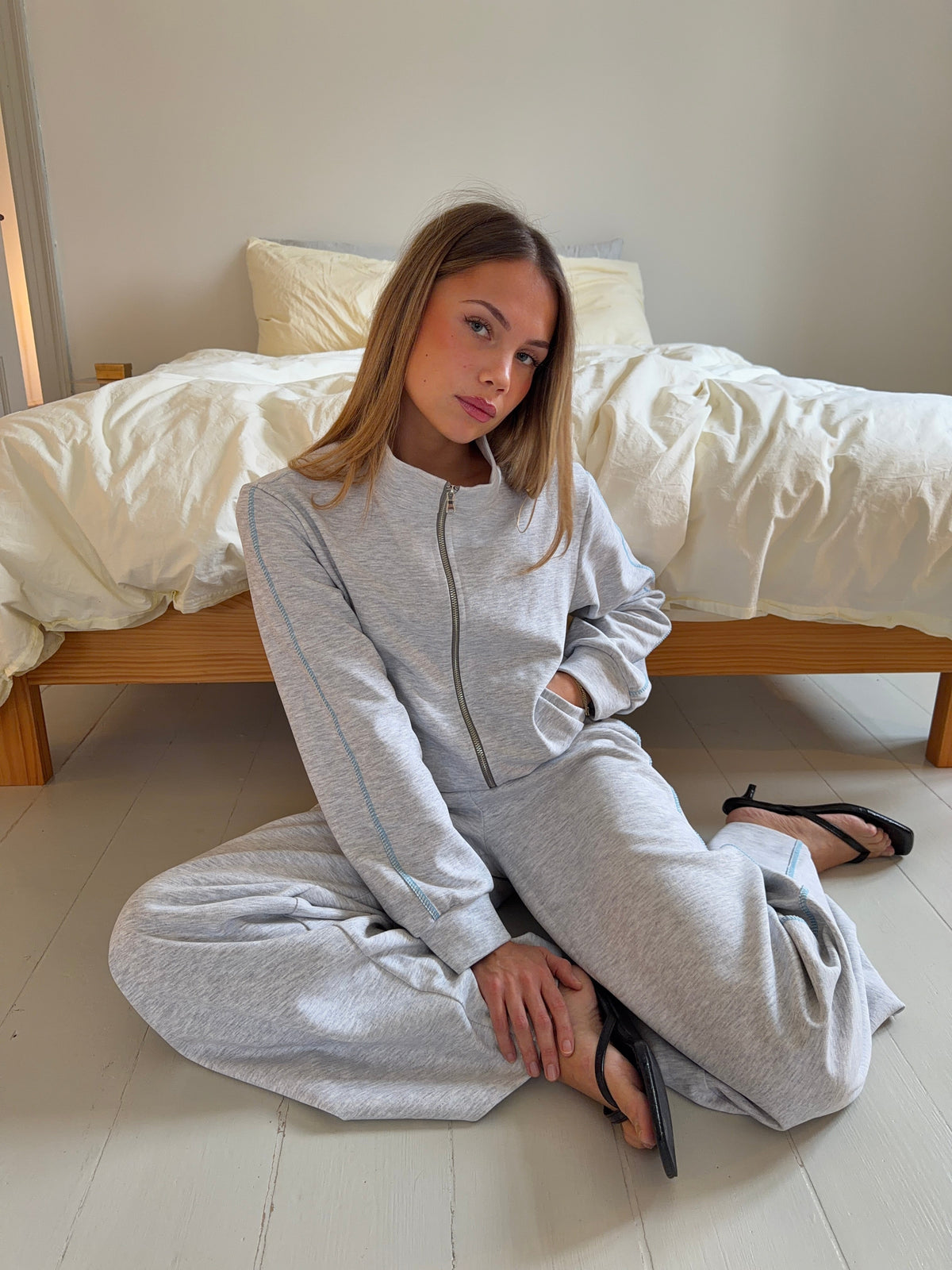 Tavela Kapüşonlu Sweatshirt Ceket - Açık Gri-Mavi