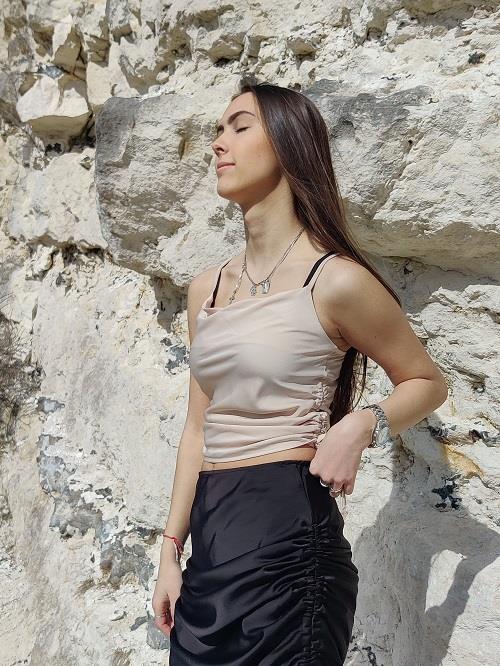 Bej Renkli Naomi Saten Bluz
