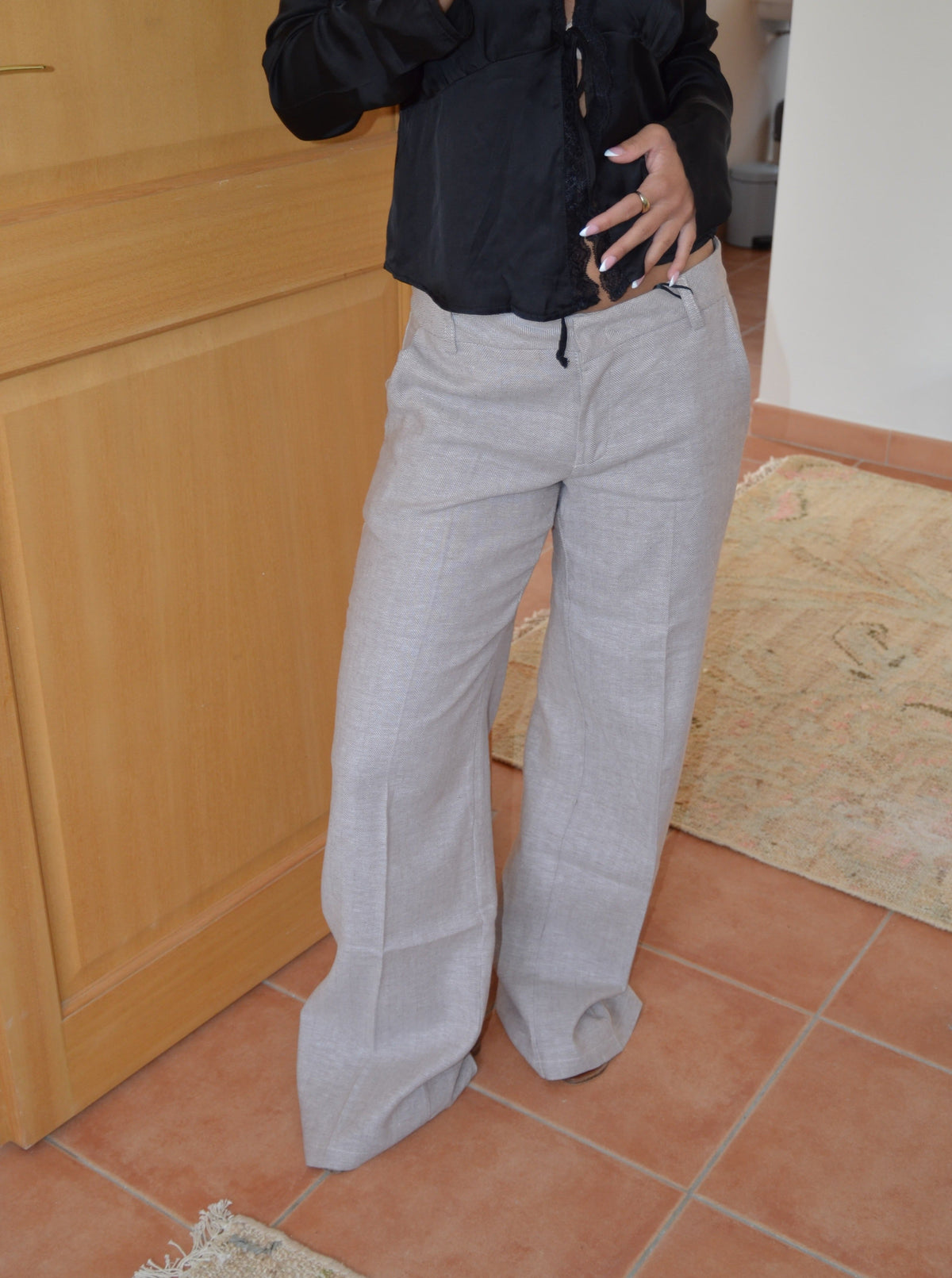 Roxy Bej Herringbone Pantolon