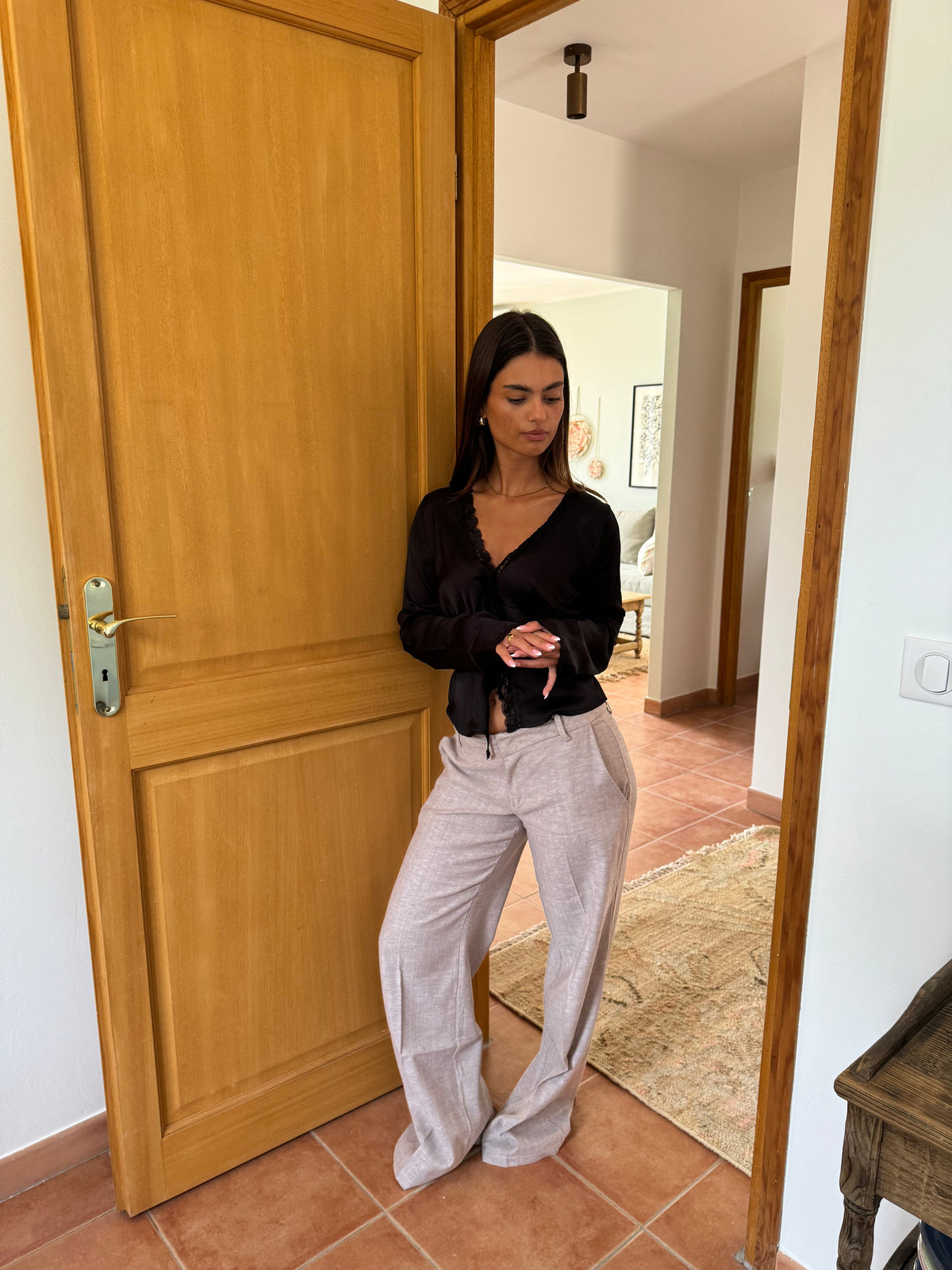 Roxy Bej Herringbone Pantolon
