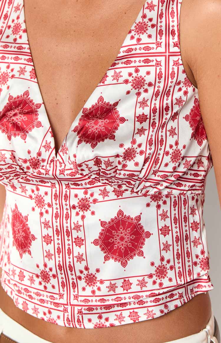 Ivory Petal Kırmızı-Beyaz Desenli Saten Bluz