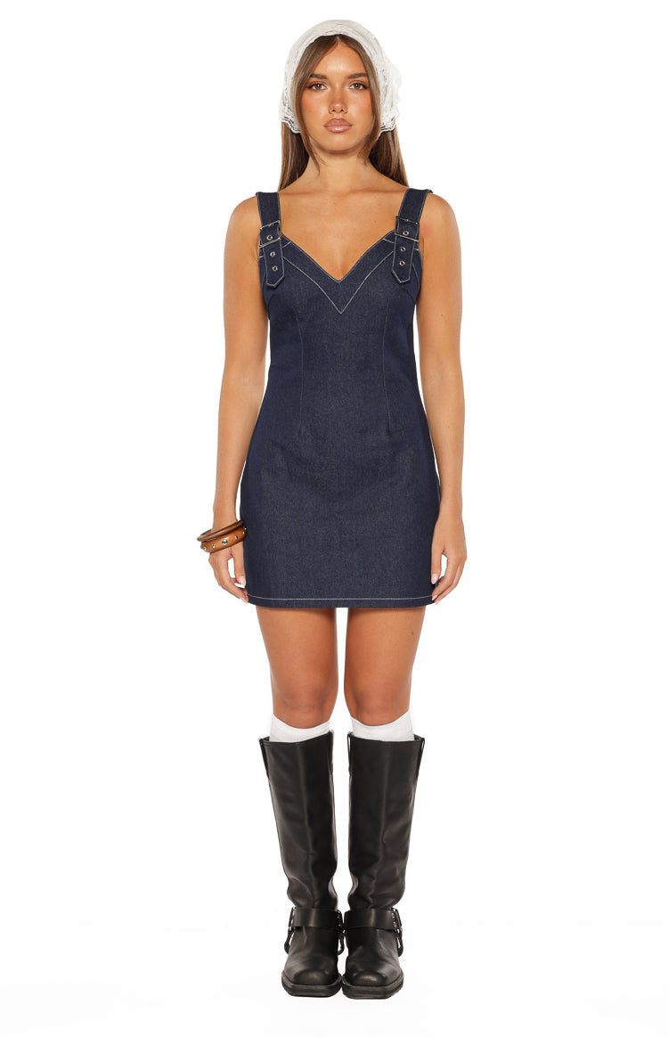 İnes Denim Kemerli Mini Elbise