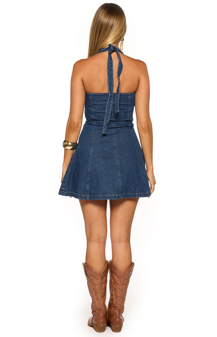 Isalin Orta Yıkama Denim Askılı Mini Elbise