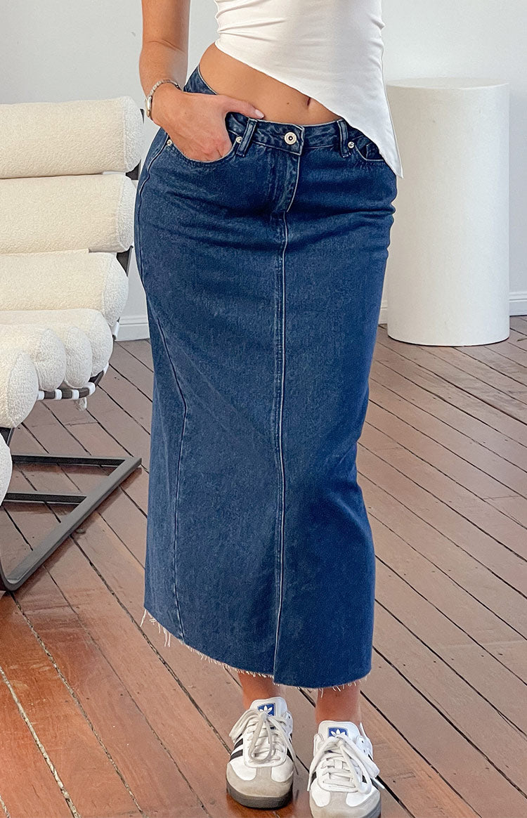 Isla Koyu Denim Midi Etek