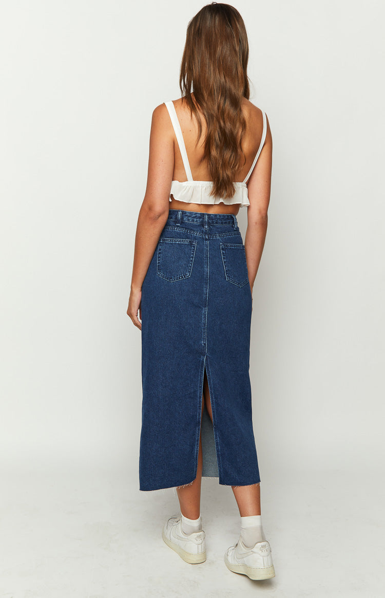 Isla Koyu Denim Midi Etek