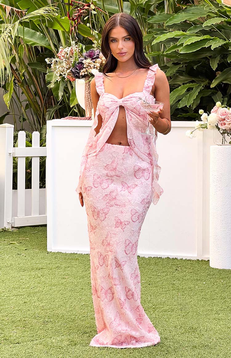 Jacqulin Pembe Kelebek Desenli Maxi Etek