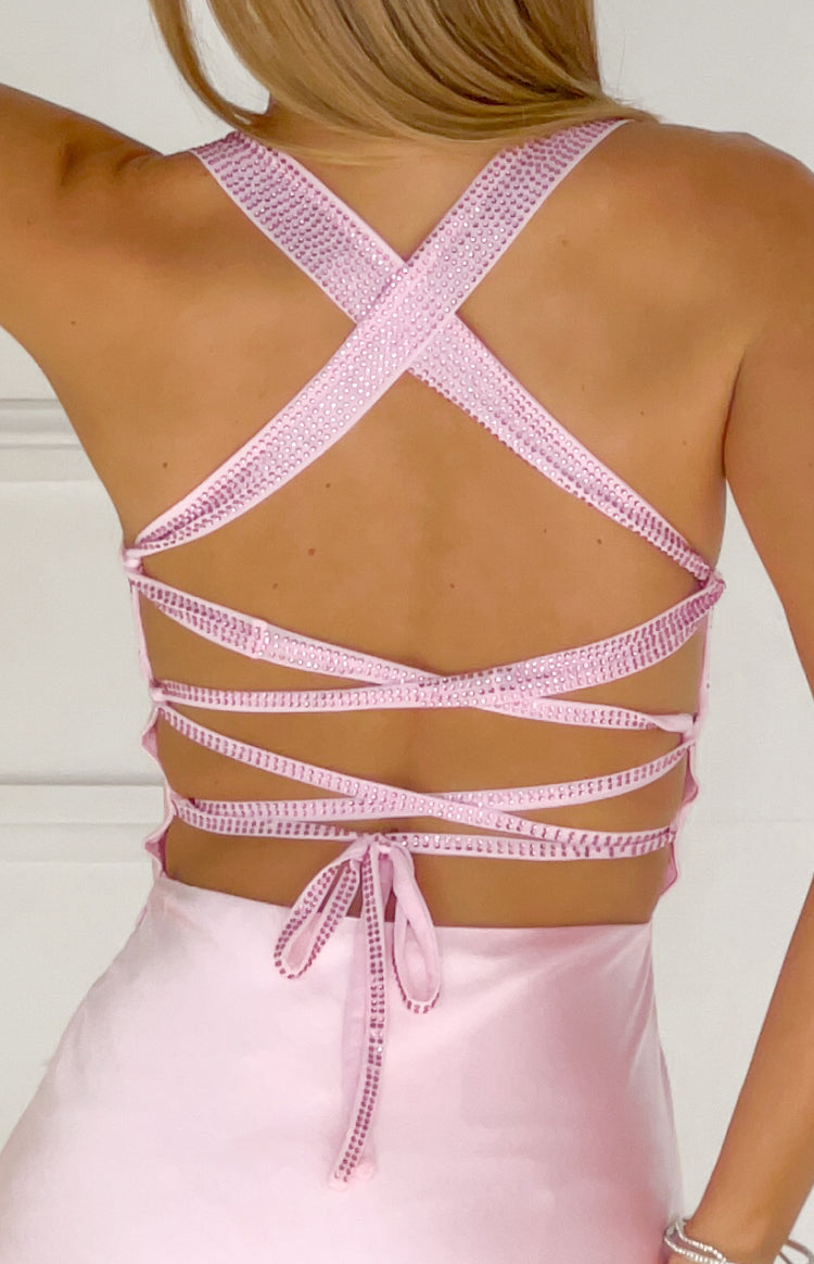 Jazzy Pembe Kristal Detaylı Saten Maxi Elbise