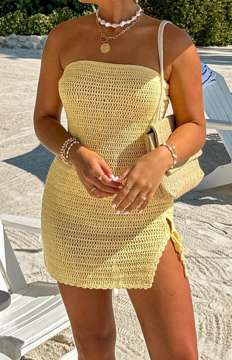Yazlık Sarı Örgü Mini Elbise