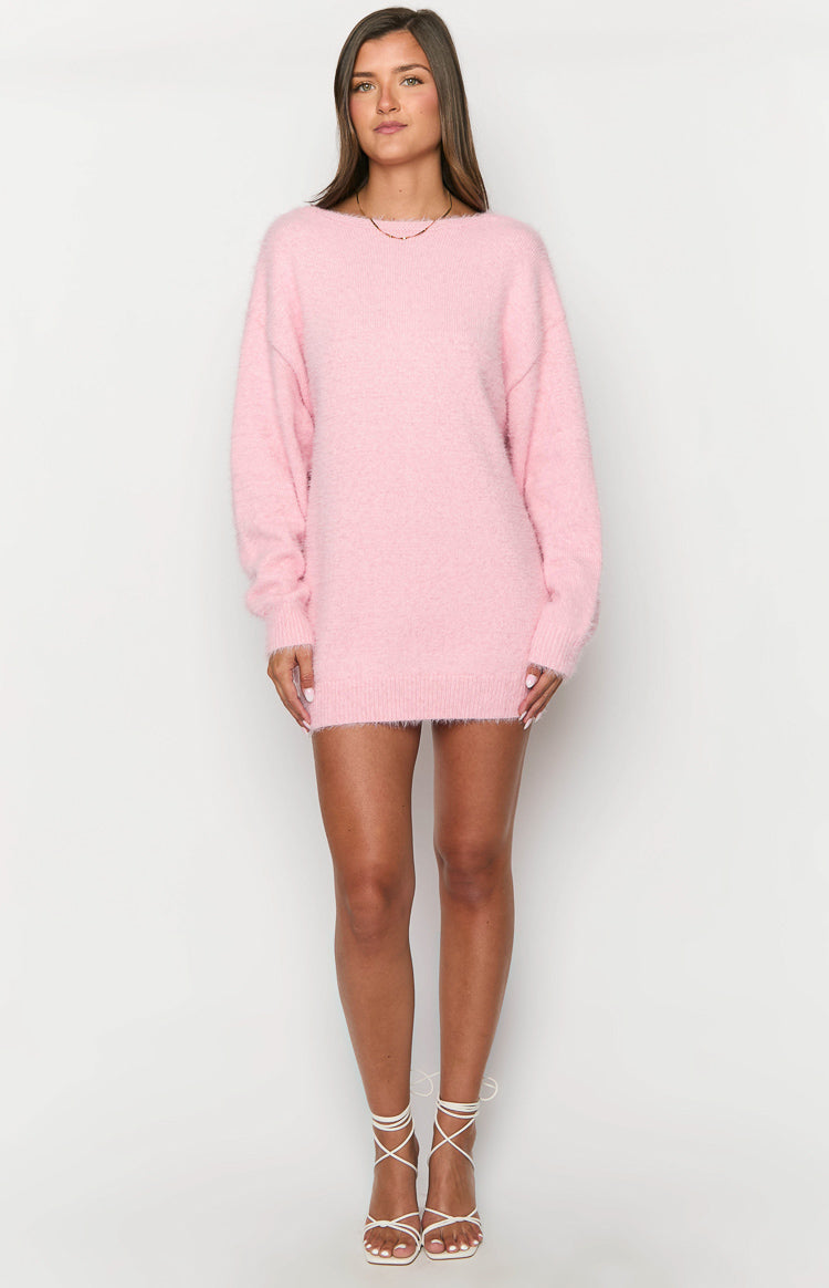 Pembe Uzun Kollu Triko Mini Elbise