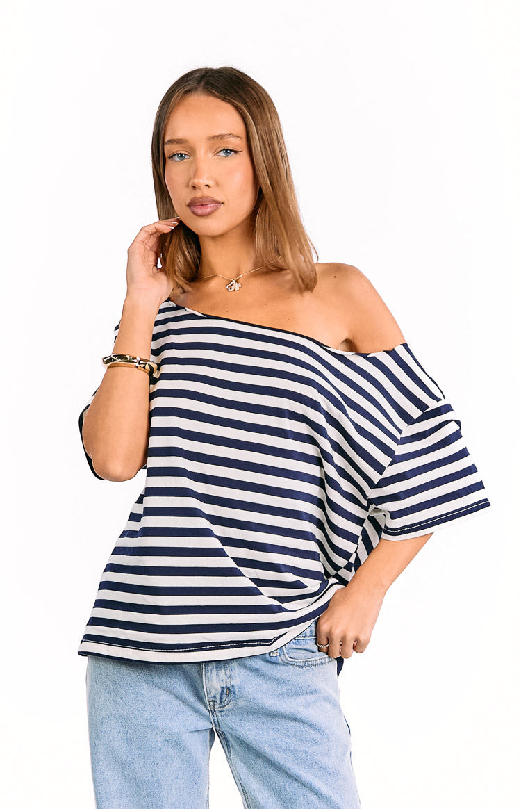 Kaiser Lacivert Çizgili Omuz Açık Oversize Bluz