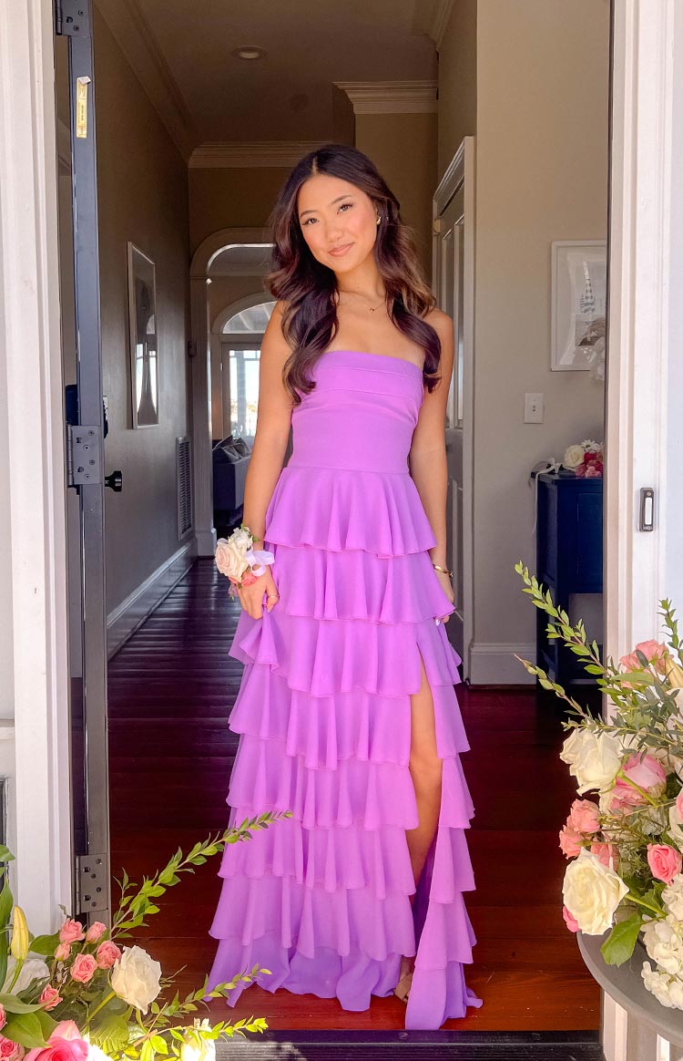 Kim Magenta Straplez Volanlı Uzun Elbise - Şıklığın Adresi