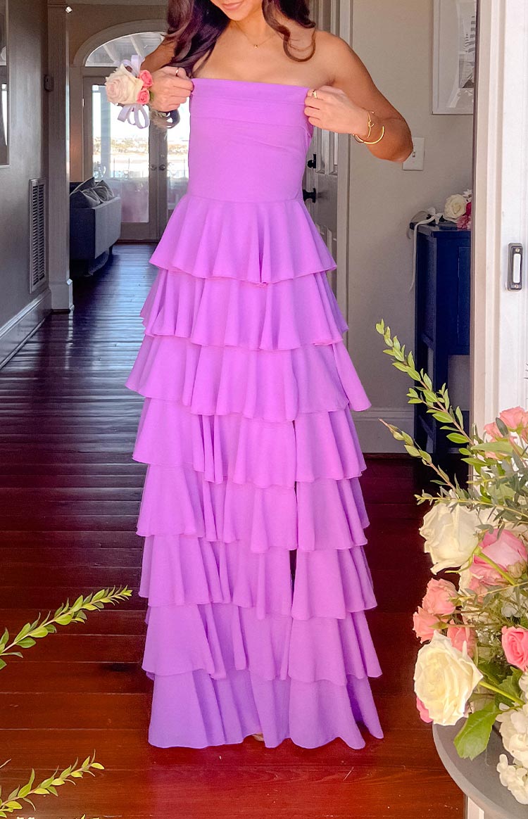Kim Magenta Straplez Volanlı Uzun Elbise - Şıklığın Adresi