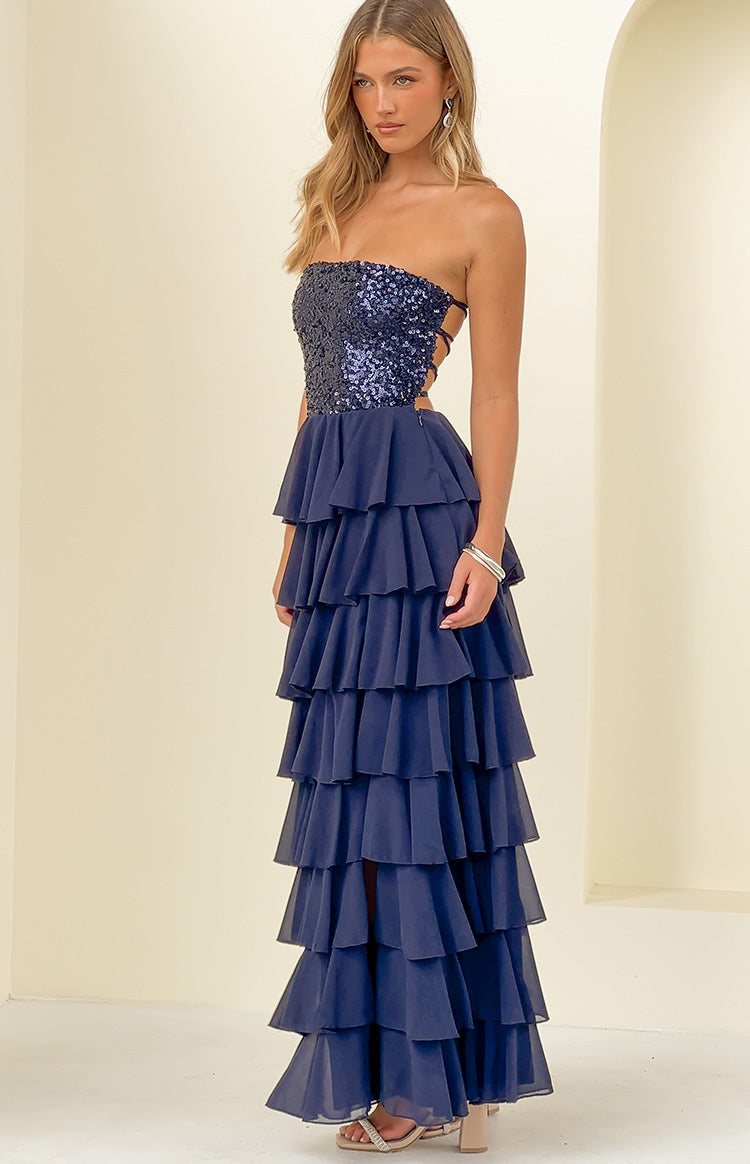 Kimberley Lacivert Pullu Straplez Maxi Elbise