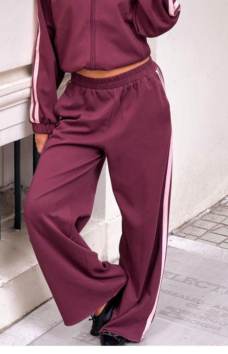 Bordo-Pembe Çizgili Premium Eşofman Altı