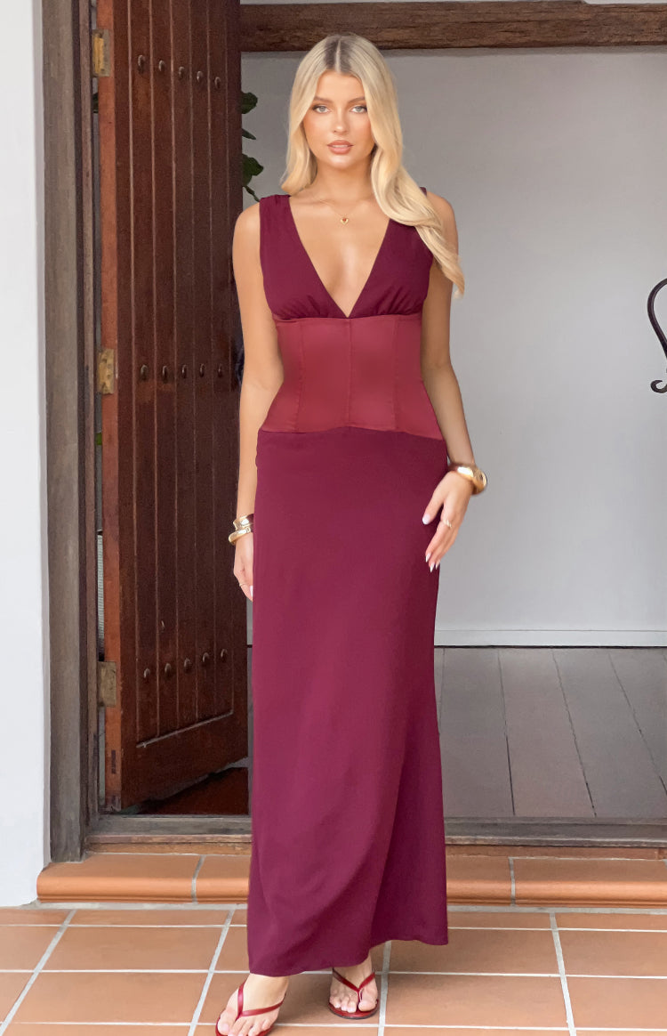 Bordo Kontrast Saten Maxi Elbise