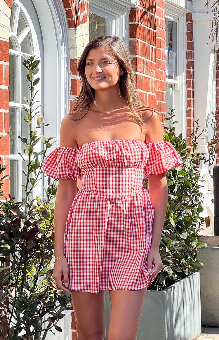 Kırmızı Gingham Omuz Açık Mini Elbise