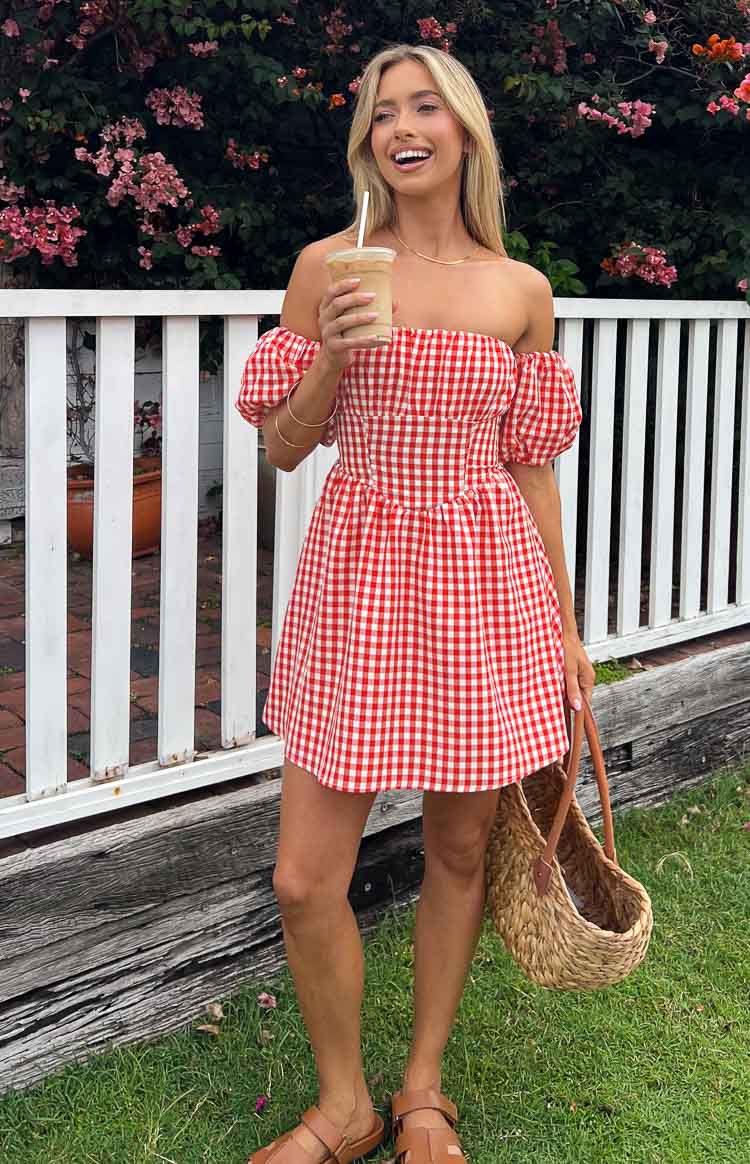 Kırmızı Gingham Omuz Açık Mini Elbise