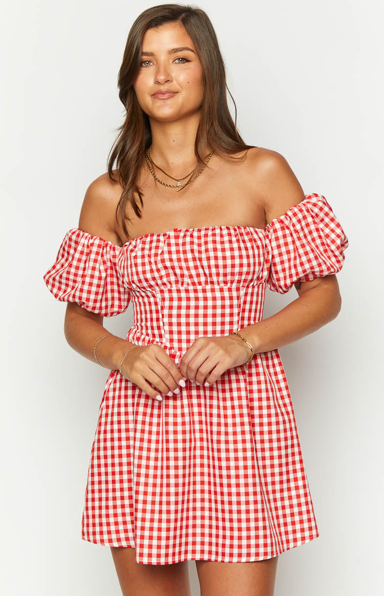 Kırmızı Gingham Omuz Açık Mini Elbise