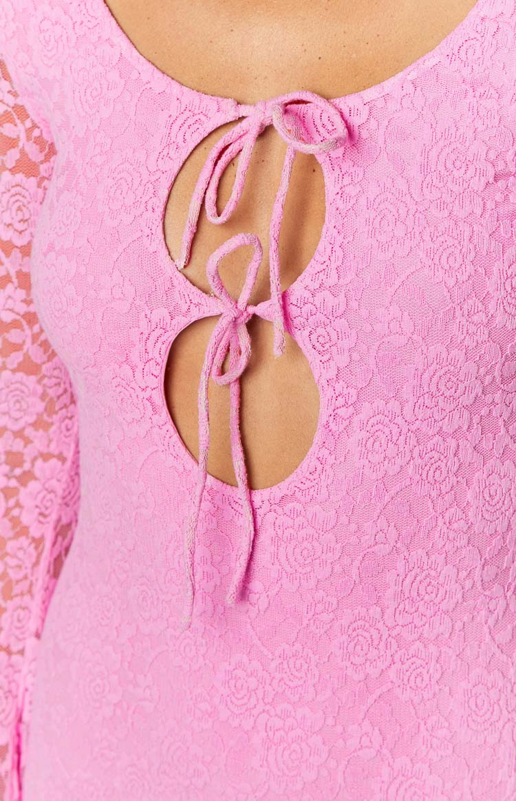 Pembe Dantel Uzun Kollu Mini Elbise