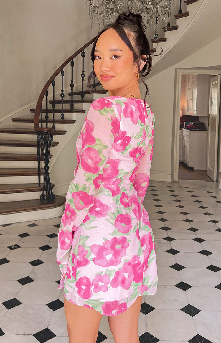 Lucy Pembe Çiçekli Mini Elbise