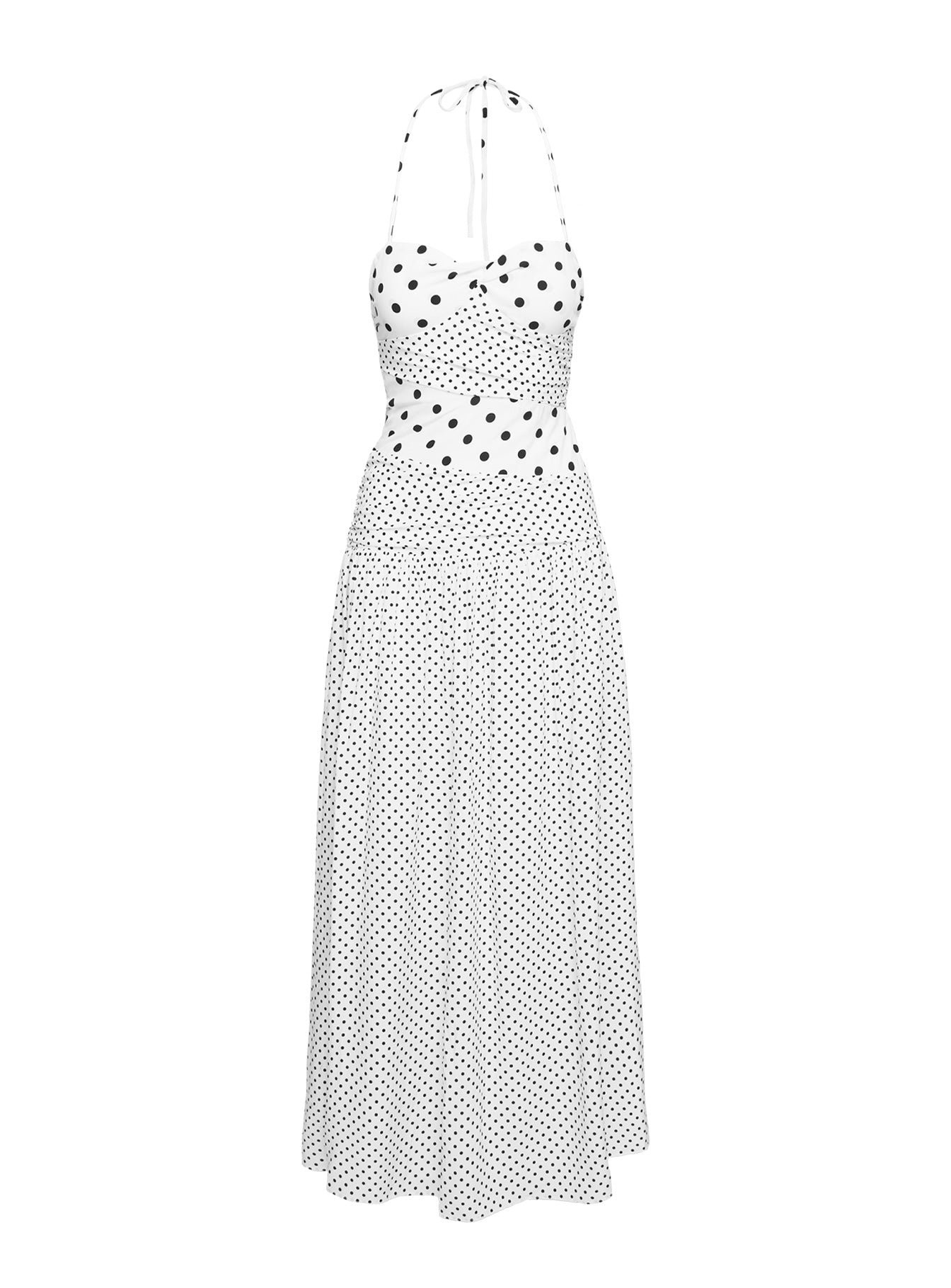 Puantiye Desenli Beyaz Halter Maxi Elbise