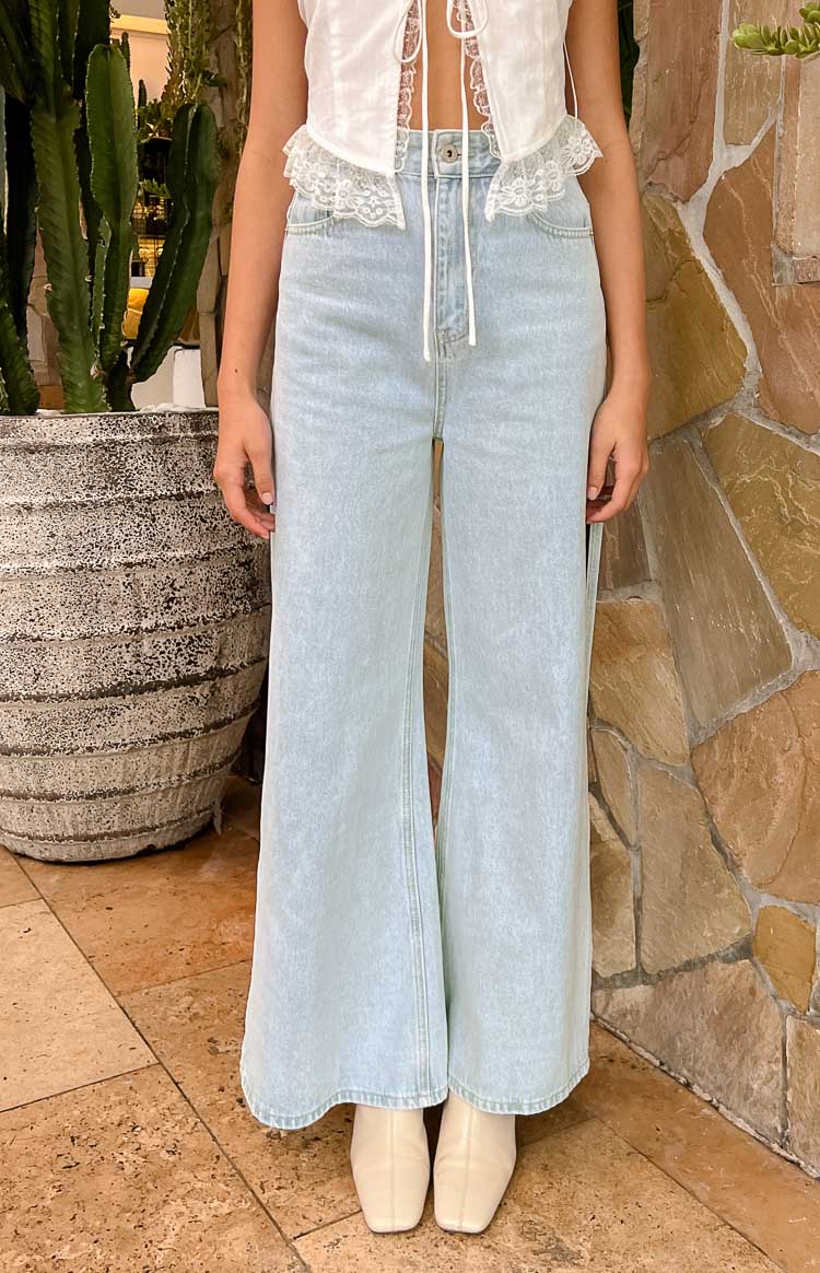 Marelle Açık Mavi Denim Geniş Paça Yandan Yırtmaçlı Kot Pantolon