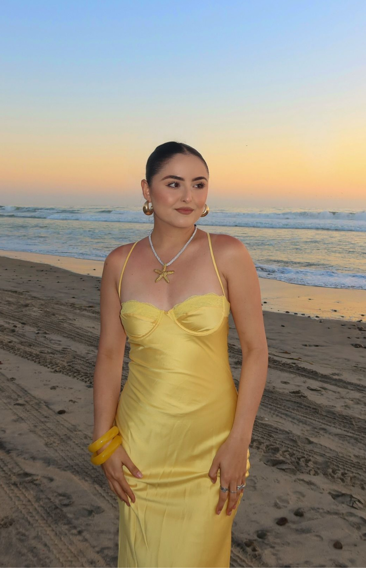 Mariana Sarı Dantel Midi Elbise