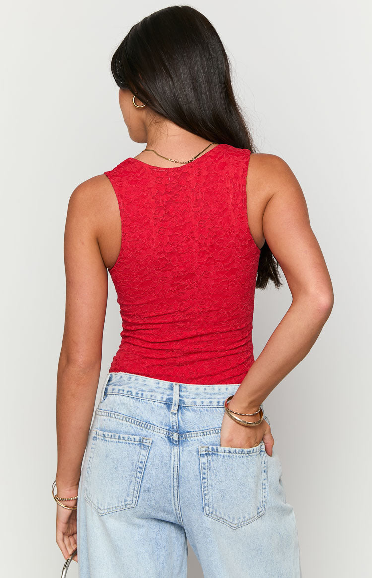 Miami Kırmızı Dantel V-Yaka Bodysuit - Şık ve Zarif Tasarım