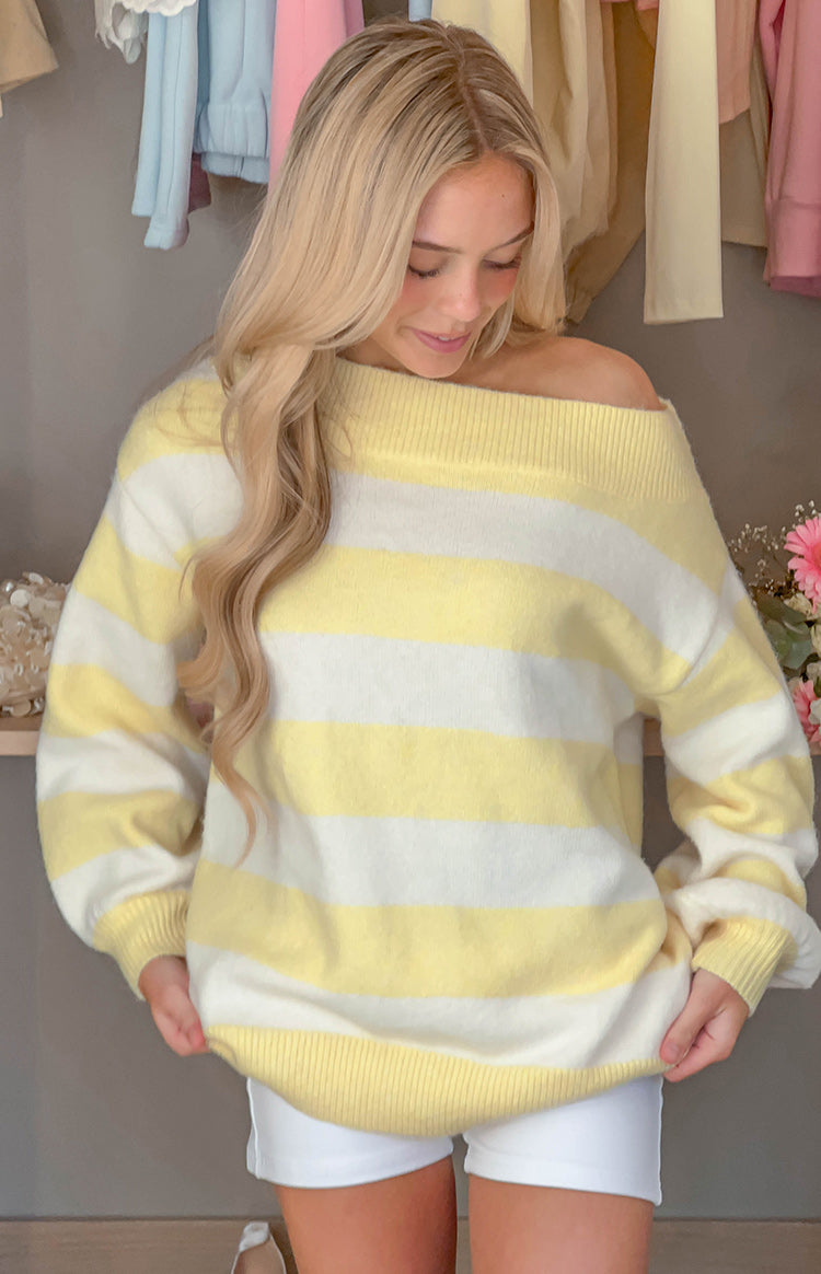 Millie Sarı Çizgili Off Shoulder Örgü Kazak