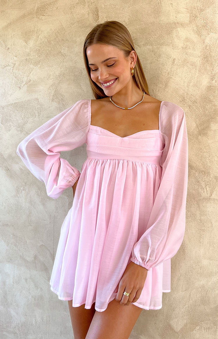 Pembe Uzun Kol Mini Elbise