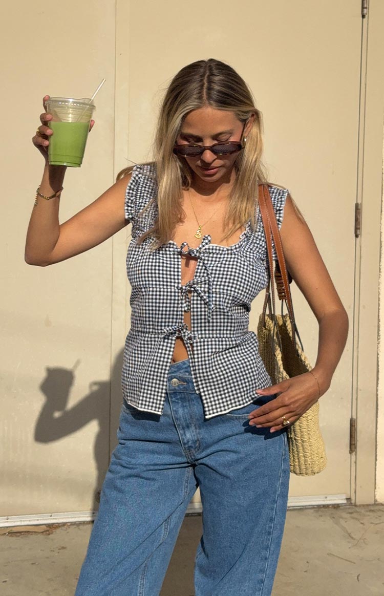 Neevie Siyah Gingham Bağcıklı Bluz