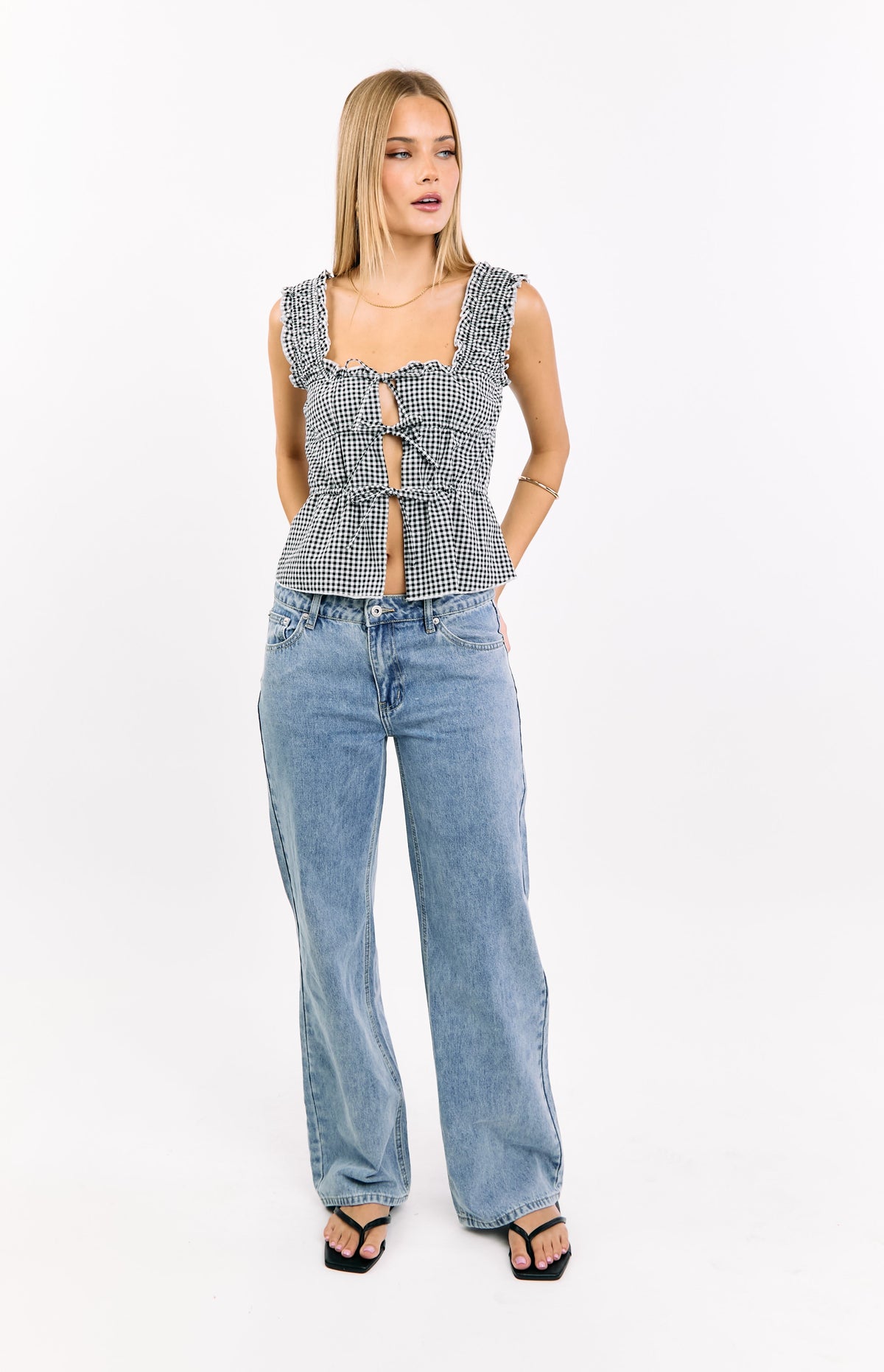 Neevie Siyah Gingham Bağcıklı Bluz