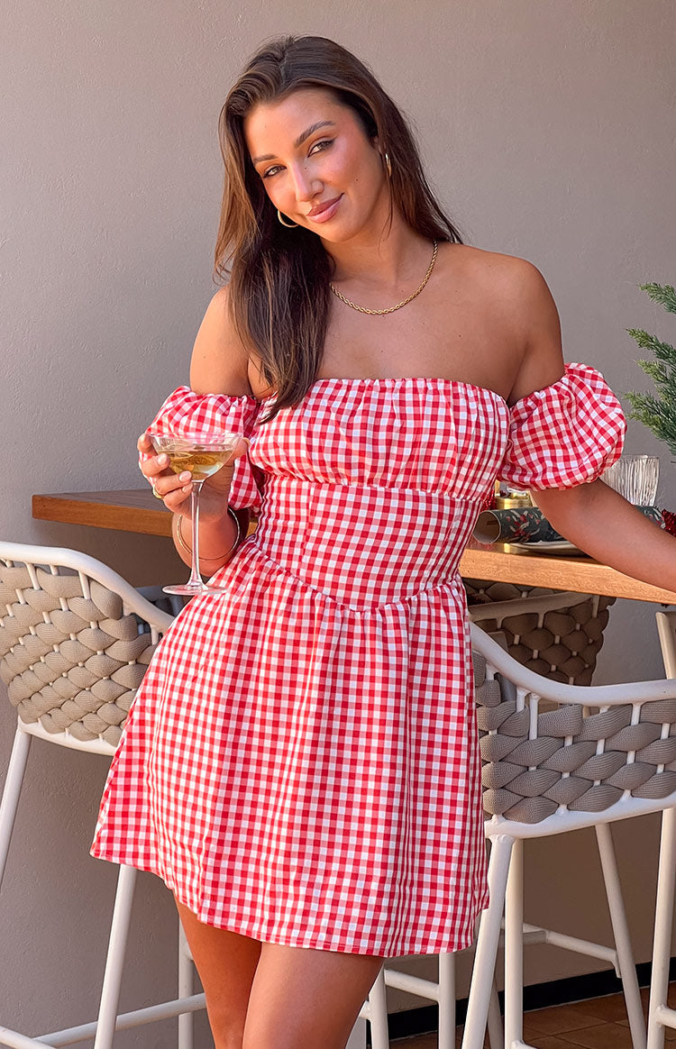 Kırmızı Gingham Omuz Açık Mini Elbise