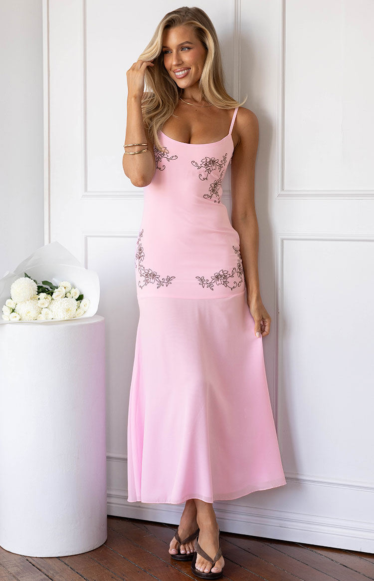 Oaklee Açık Pembe Nakışlı Midi Elbise