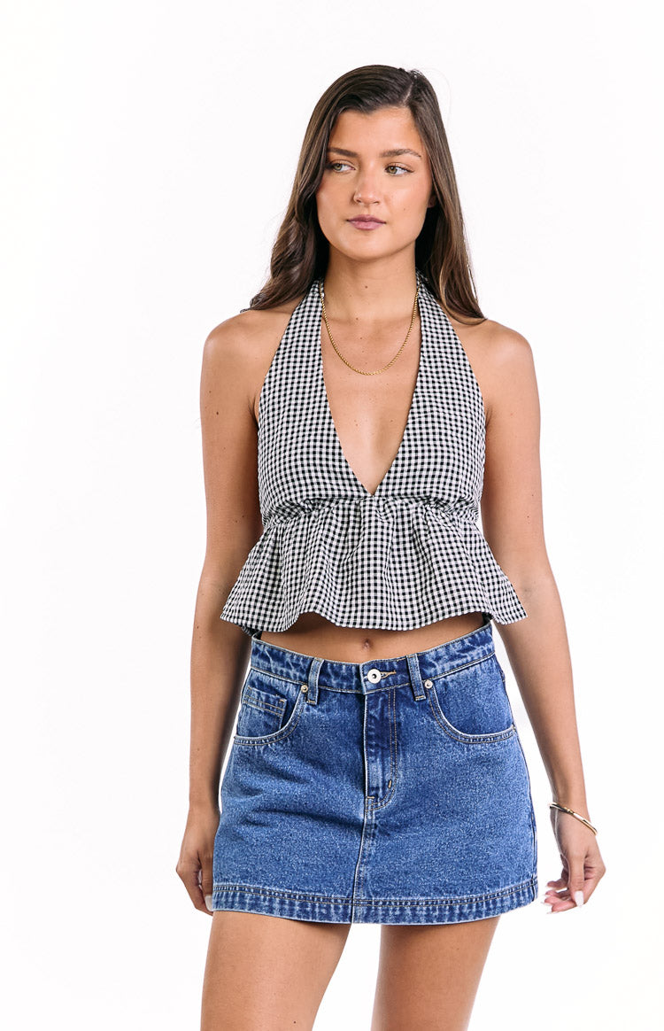 Opolo Siyah Gingham Kısa Bluz - Şık ve Rahat Tasarım