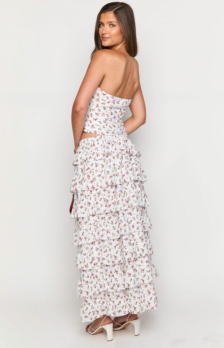 Paisley Desenli Beyaz Çiçekli Maxi Etek